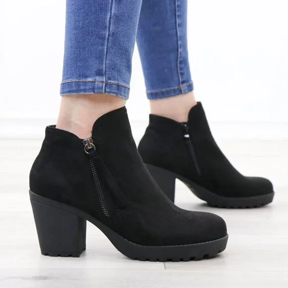 Black Chunky Heel Ankle Boots Suede Lug High Heel Booties - Picture 2 of 15